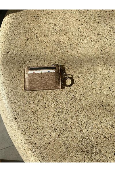 mlio Beige Leather Card Holder Wallet with Keychain Ring and Zipper