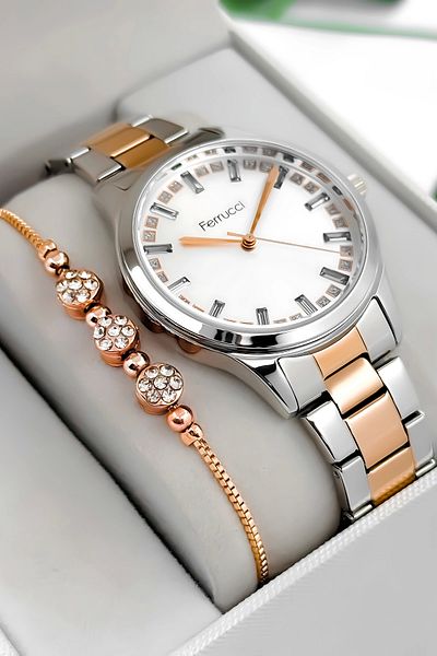Ferrucci Steel Cord & Case Women Wrist Watch, Stone Detail Dial Silver-Rose Sdfer181