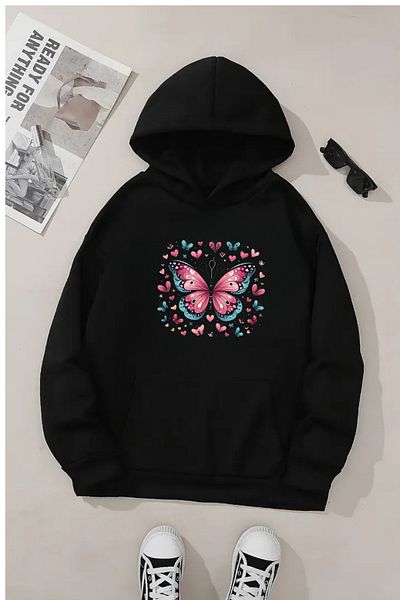 Sweetline Hanorac negru unisex cu glugă – țesătură groasă cu imprimeu inimioare fluture