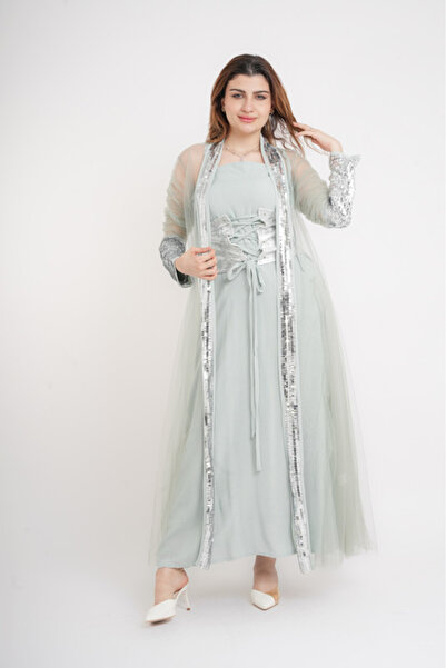 IKKXA جلابية فضية أنيقة بأكمام شفافة