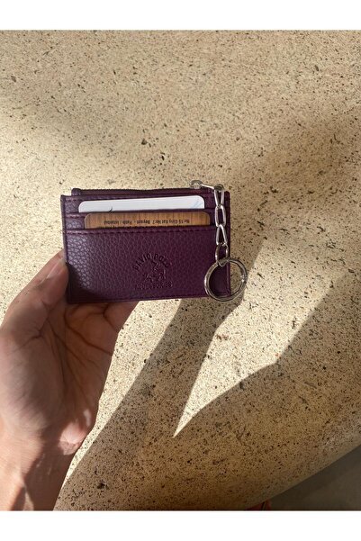 mlio Plum Leather Card Holder Wallet with Keychain Ring and Zipper