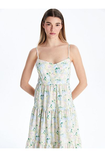 LC Waikiki Heart Neck Floral Strap Poplin Women's Dress