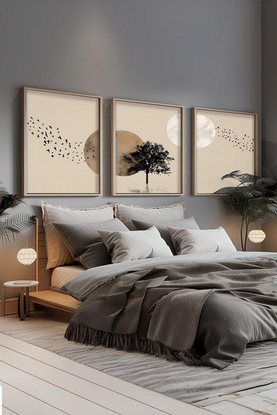 STARYUNA Boho set za slikanje od 3 dela sa drvenim okvirom, pticama i drvećem...