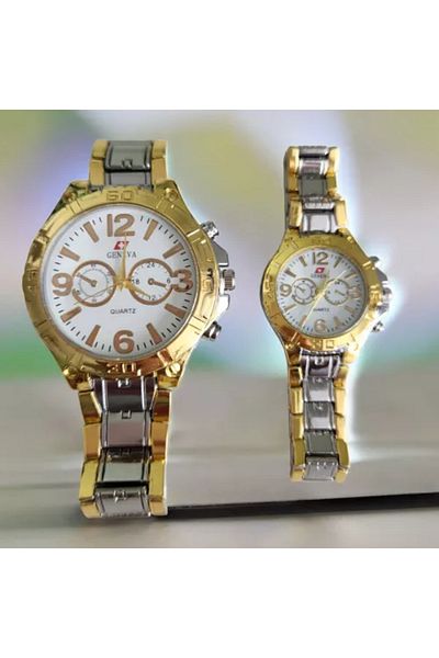 OEM Set of watches for couples, analog display type, quartz mechanism, metal strap, gold-silver dial