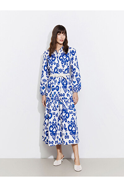 LC Waikiki LCWAIKIKI Κλασικό Γυναικείο Φόρεμα με μοτίβο μπλε πουκάμισο