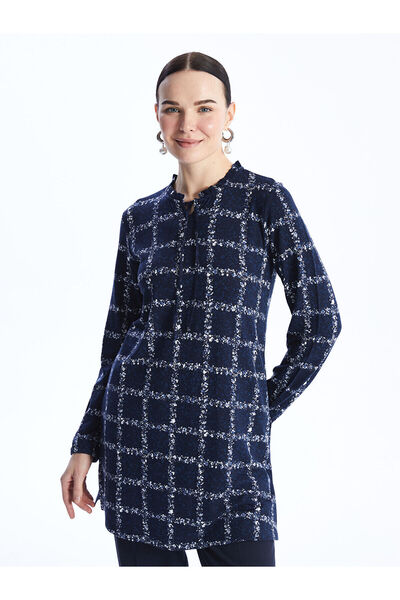 LC Waikiki Lcw Grace Navy Blue Lace-Up Collar Patterned Women's Tunic