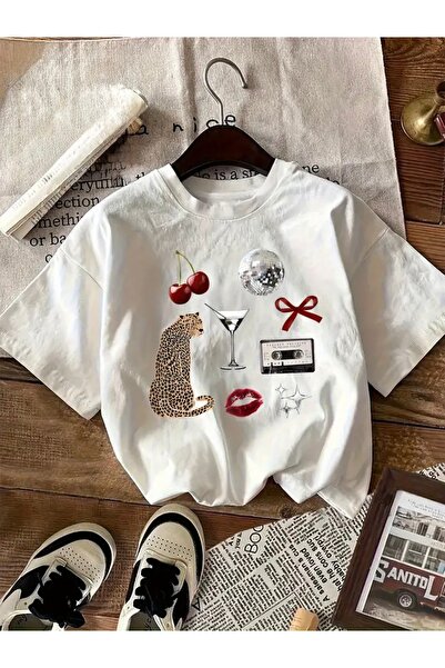 FUFLUNS تي شيرت كبير الحجم مطبوع عليه ليوبارد وكيراز ومارتيني وكاسيت وشريط