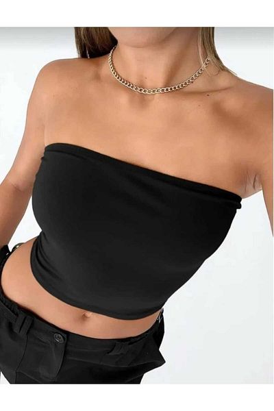 Gülmude Black Women's Sleeveless Strapless Top Full Lycra Diver Crop Asymmetrical Cut