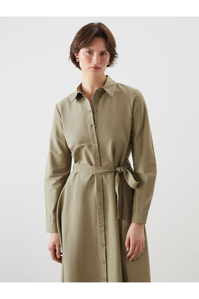 LC Waikiki Lcwaikiki Classic Green Poplin Women's Shirt Dress with Nevavm Dif...