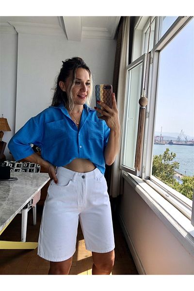Gözde Tasarım Butik Women's White Color Without Lycra City Size Long Denim Shorts
