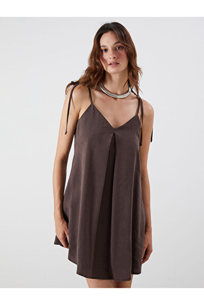 LC Waikiki LCW Vision Kahverengi V Yaka Askılı Modal Karışımlı Mini Elbise