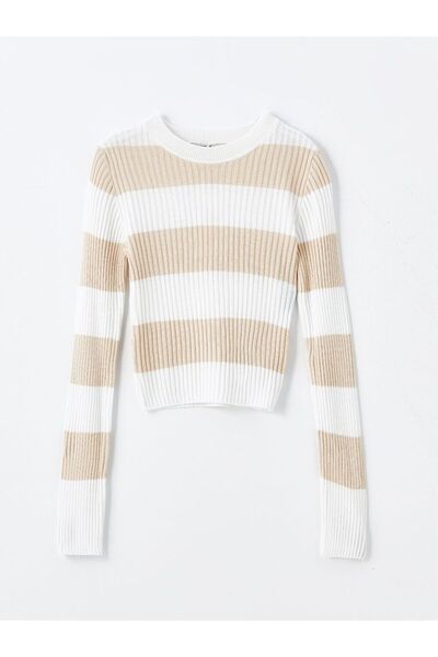 LC Waikiki Μπεζ πλεκτό πουλόβερ με ριγέ μακρυμάνικο γυναικείο πλεκτό πουλόβερ