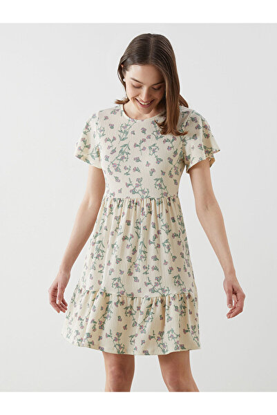 LC Waikiki Blumiges Minikleid mit Rundhalsausschnitt