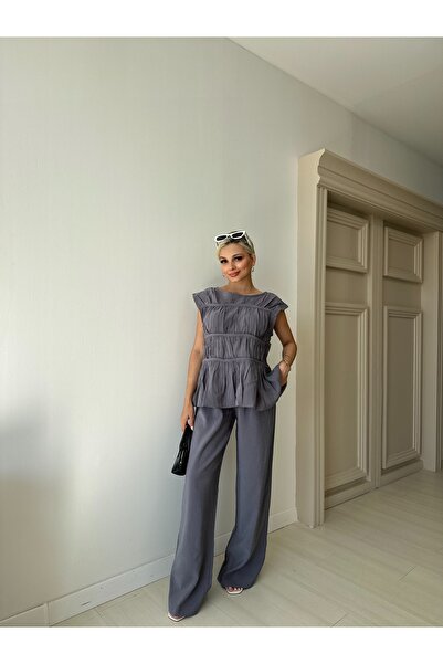 FEHUBLOOM Indigo Ribbed Blouse Pants Set