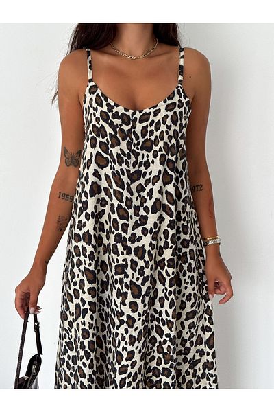 coaksco Rochie căptușită cu curea de frânghie cu model leopard pentru femei