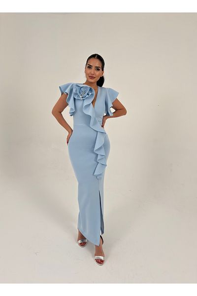 1Moda1Tarz Rochie de damă din țesătură importată, cu lanț, cu model de volan, cu fantă, căptușită, cu design special
