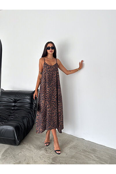 coaksco Rochie căptușită cu curea de frânghie cu model leopard pentru femei