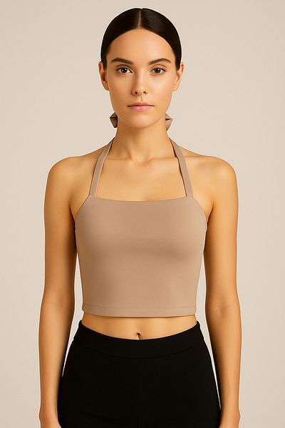Olyssia Women's Mink / Halter Neck Crop Top - Body Fitting Strapless Blouse