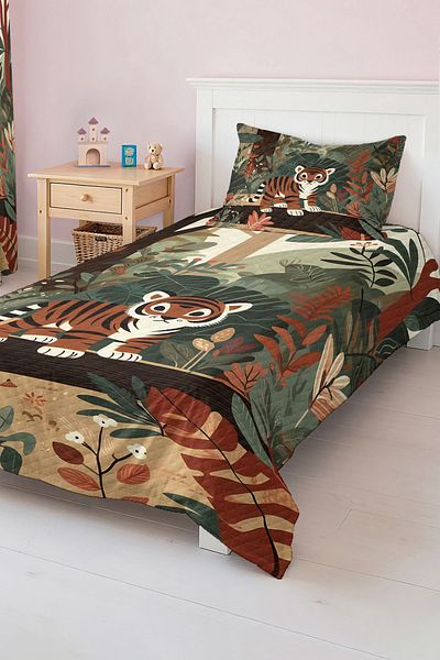Realhomes Tropical Forest Patterned Colorful Children's and Teenager's Room Pique Set Bedspread