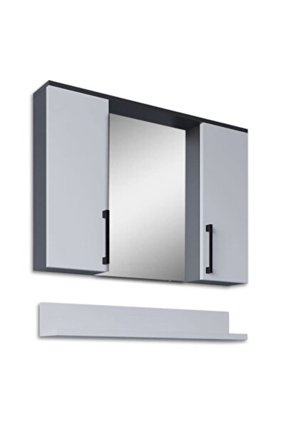 KRM MOBİLYA & DEKORASYON Lavabo Dolabı Üst Modül Siyah Kulp Detaylı Camlı Model Altı Raflı Model (ANTRASİT-BEYAZ)