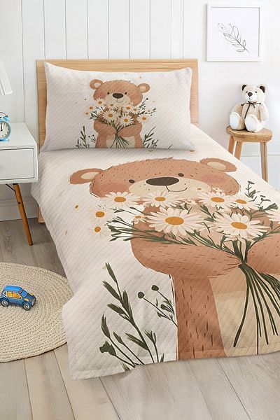 Realhomes Teddy Bear and Flower Patterned Children's and Teenager's Room Pique Set Bedspread