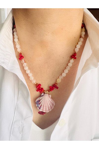 DEVİ fashion Natural Stone Coral Oyster Necklace 47 cm