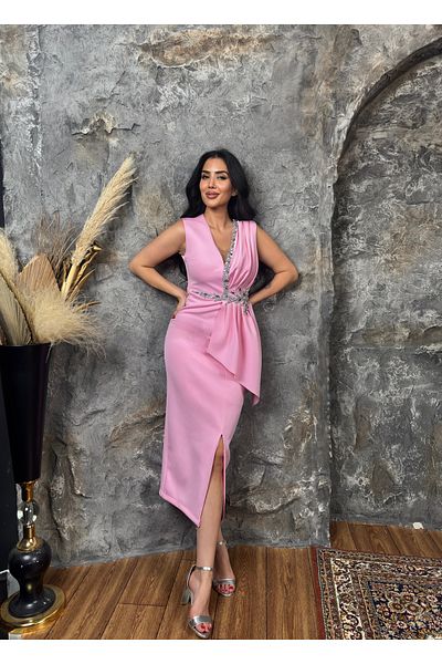 1Moda1Tarz Rochie maxi de damă din țesătură importată, brodată cu piatră, cu detaliu de șal, cu fante, căptușită, cu design special