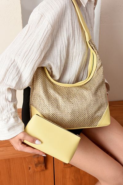 NBİBAGS Gold Straw Braided Leather Handle Detailed Women's Shoulder Bag with Puppy