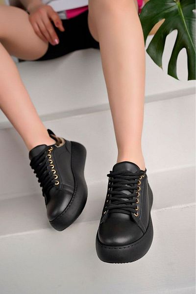 YASEMİN Pantofi de damă, negru, cu detalii aurii, pantofi sport casual și talpă ortopedică