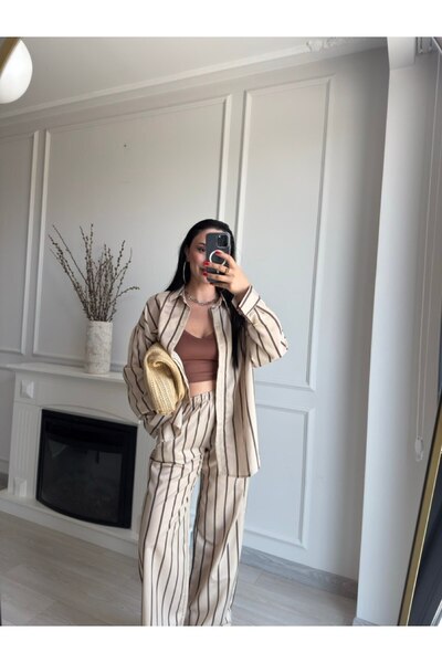 KADIN KAHVERENGİ ÇİZGİLİ BEJ GÖMLEK PANTALON TAKIM
