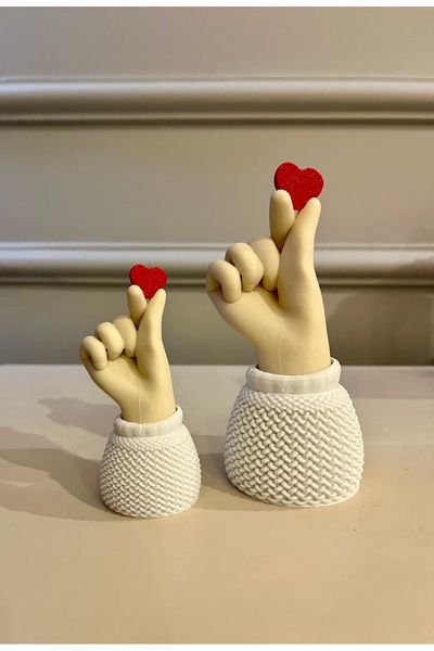 HisConcept Korean Heart Dekoratif Biblo Seti –9 cm & 14 cm - Kalp Tutan El İkili Kore Tarzı Ev & Ofis Aksesuarı