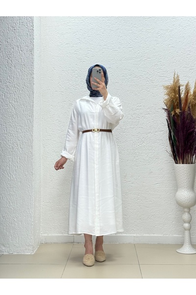 BENAHOLL Φόρεμα Modal με κρυφό κουμπί και ζώνη Mirira-BN4441 Λευκό
