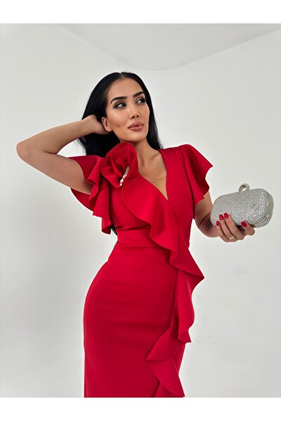 1Moda1Tarz Women's Imported Fabric Chain Rose Detailed Ruffle Pattern Slit Lined Special Design Dress