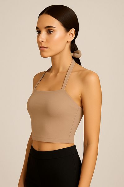 Olyssia Women's Mink / Halter Neck Crop Top - Body Fitting Strapless Blouse