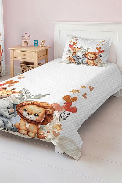 Realhomes Cute Animals Patterned Blue and White Children's and Teenager's Room Pique Set Bedspread