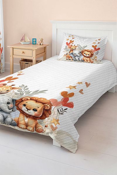 Realhomes Cute Animals Patterned Blue and White Children's and Teenager's Room Pique Set Bedspread
