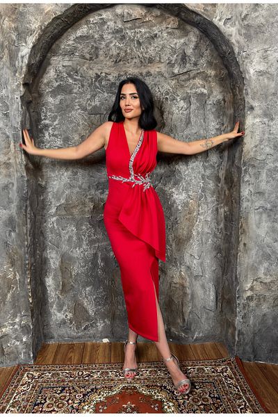 1Moda1Tarz Rochie maxi de damă din țesătură importată, brodată cu piatră, cu detaliu de șal, cu fante, căptușită, cu design special