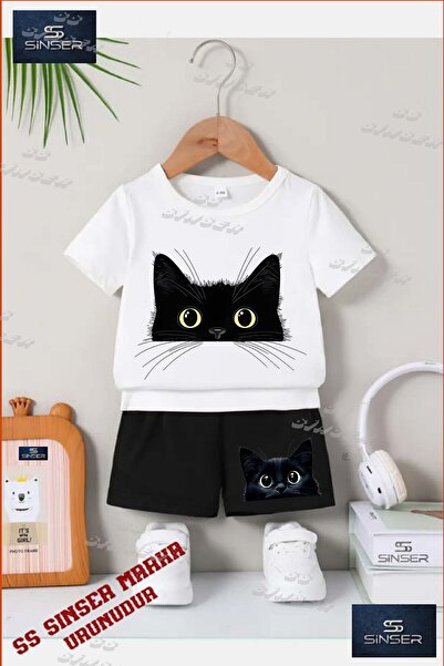 SS SİNSER Children's Unisex “Cat Black Half Head“ Custom Printed Crew Neck T-...