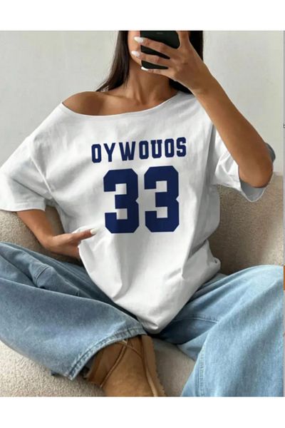 AEMİ Women's Boat Neck Oywouos Printed Oversize 100% Cotton T-Shirt