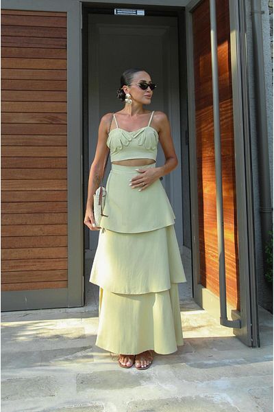 Havoş Oil Green Floral Detailed Crop Skirt Linen Suit
