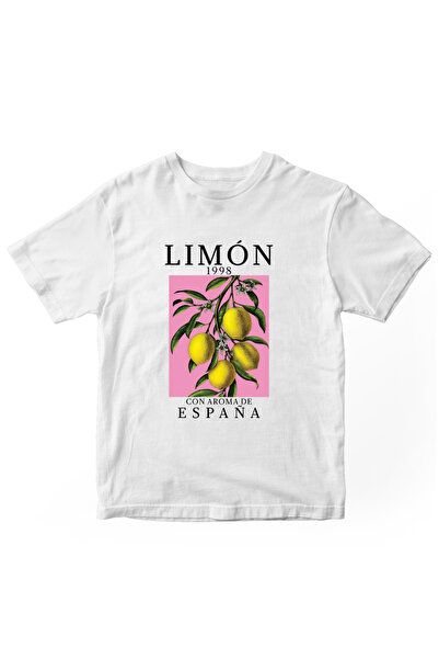 designedfy تيشيرت للجنسين مطبوع عليه ليمون إسبانيا باللون الأبيض
