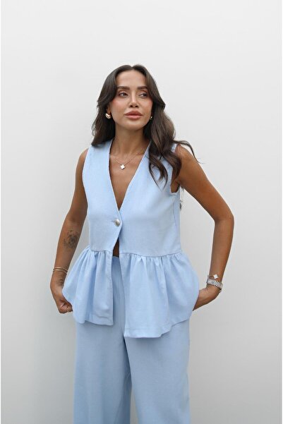 Havoş Μπλε Σετ Παντελόνι Γιλέκο με Μονό Κουμπί Μπροστά