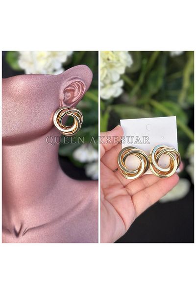 QUEEN AKSESUAR موديل Zara أقراط دائرية ذهبية اللون بتصميم فاخر من الفولاذ المقاوم للصدأ