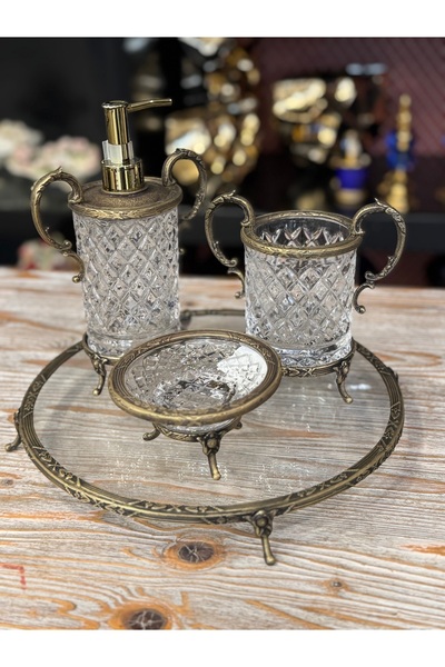 hediye ESTERHOMEDECOR 4 Parça tepsili ithal cam banyo seti sabunluk sıvı sabu...