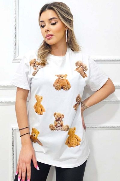 FashionForYou Neo-K women's T-shirt, with teddy bear print and handcrafted details, Big Bear, White, L/XL