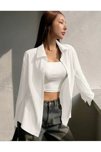 AEMİ Cămașă oversize pentru femei din țesătură Wrap, albă