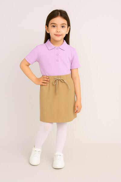 BAGİSTA BUTİK Beige Ribbed Shorts Skirt Lila Short Sleeve Polo Collar