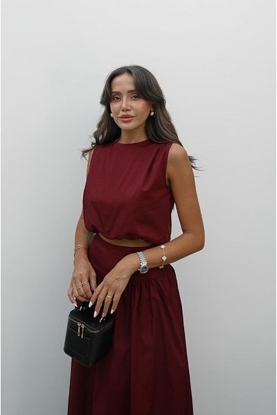 Havoş Burgundy Elastic Bottom Crop Skirt Set