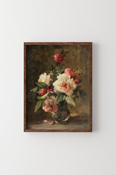 epiqart Vazoda Pembe ve Beyaz Çiçekler - Ahşap Desenli Çerçeve