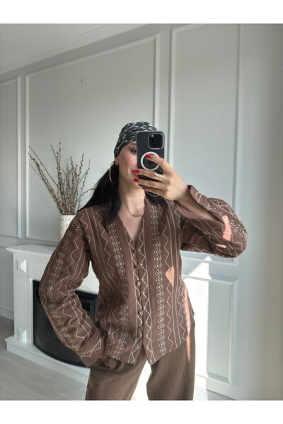 MSY KADIN KAHVERENGİ NAKIŞ DETAYLI MÜSLİN GÖMLEK